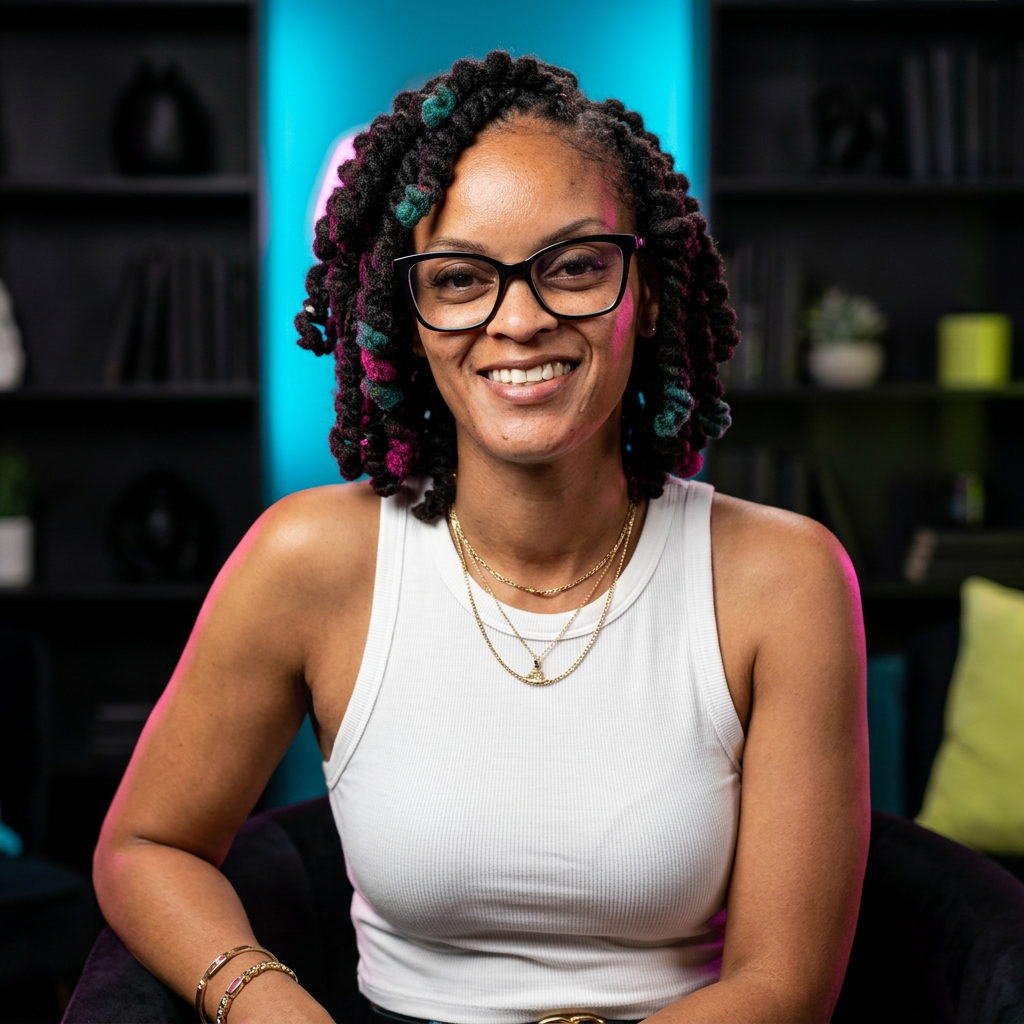 Dominique, founder of AI in Progress, smiling in her studio.